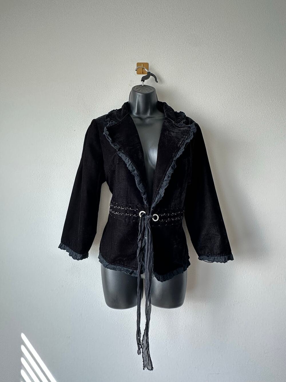 Vintage Y2K Black Velvet Whimsigoth Jacket Beaded Romantic Goth Boho Blazer L